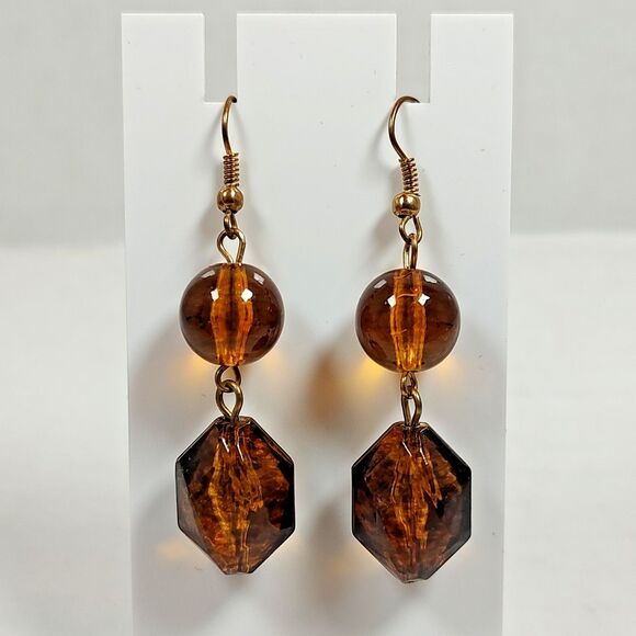 Amber Tone Necklace Earrings Set Faceted Beads Gold Chain Statement 16" - 19" - Picture 5 of 16